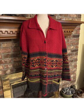 Valarie Stevens II Red Heavy Fair Isle Wool Cardigan Size 2X